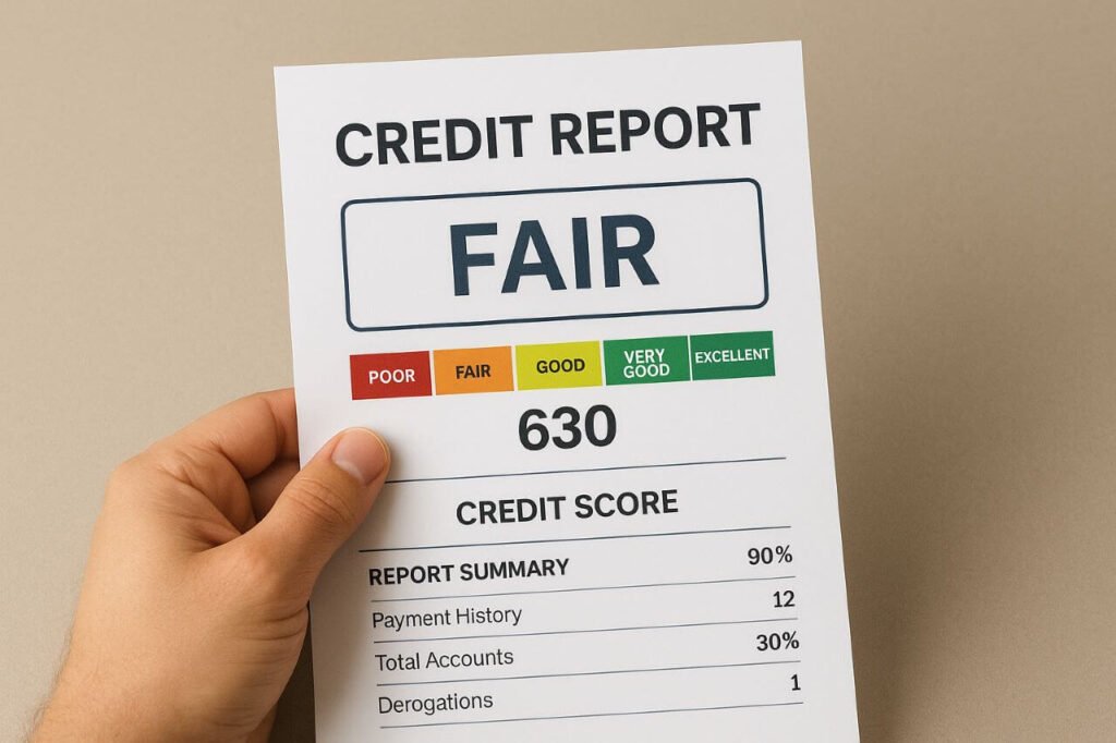 Hand holding a printed credit report showing a fair credit score of 630, symbolizing the importance of improving credit for better financial opportunities.